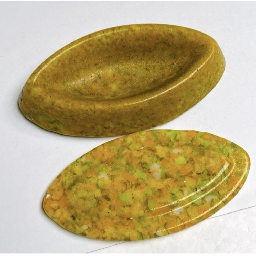 Vintage Glass Oval Shape Jewelry Trinket Box Heavyweight Amber Yellow Gift Decor